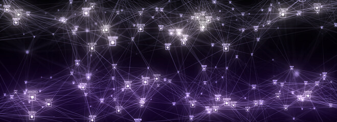 Poster - Futuristic backdrop. Network connection structure cyberspace with moving particles and numbers. Big data visualization. Abstract cyber security background in database. 3D rendering.