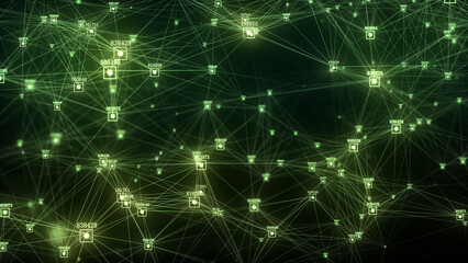 Poster - Futuristic backdrop. Network connection structure cyberspace with moving particles and numbers. Big data visualization. Abstract cyber security background in database. 3D rendering.