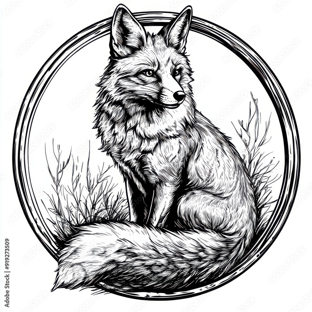 Black and white Vintage engraved art of a red fox in a circular stamp ...
