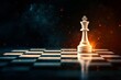 © grey - A white chess king standing on a dark chessboard in dramatic lighting.