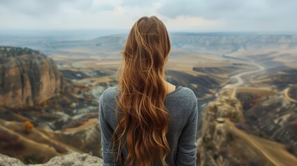 Wall Mural - Young woman gazing at a vast landscape from a cliff edge during a cloudy day in nature