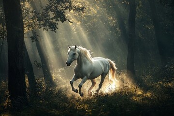 Wall Mural - A white horse running through a dark forest with rays of light filtering through the trees. 