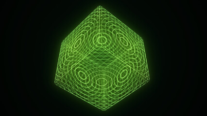 Poster - Space futuristic cube. Network connection structure cyberspace with moving particles and lines. Blockchain cube. Big data visualization. Abstract cyber security background. 3D rendering.