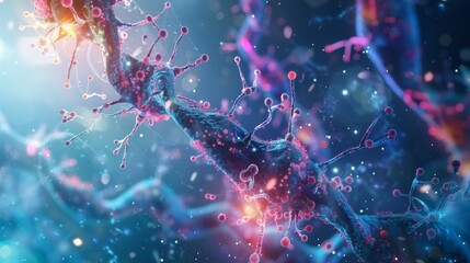 Poster - Abstract representation of molecular medicine with digital models and chemical pathways, highlighting advancements in targeted therapies.