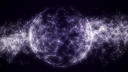 Poster - Sci-fi sphere with network connection on cyberspace with moving particles. Big data visualization. Wireframe sphere. Abstract technology background. 3d rendering.