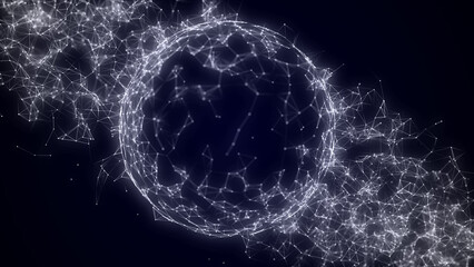 Poster - Sci-fi sphere with network connection on cyberspace with moving particles. Big data visualization. Wireframe sphere. Abstract technology background. 3d rendering.