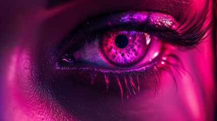 Poster - Close-up of a beautifully illuminated eye with colorful reflections in dim light
