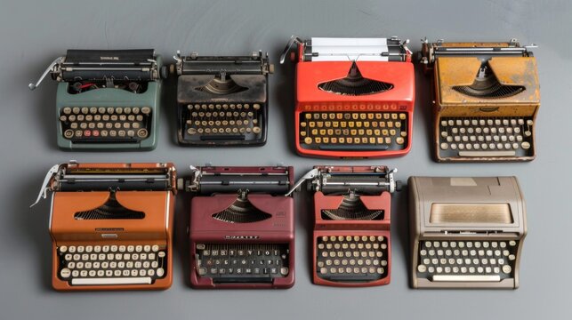 Collection of vintage typewriters and modern keyboards, illustrating the evolution of writing tools in education.