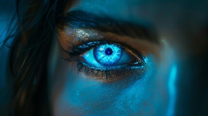 Poster - Close-up of a striking blue eye illuminated by soft blue light in an artistic portrait