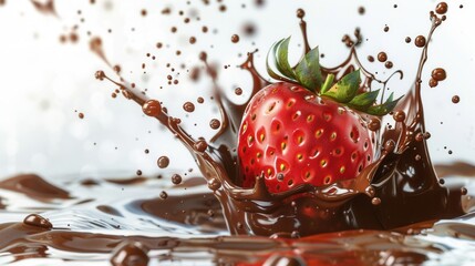 Juicy ripe strawberry fruit with chocolate splash