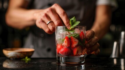 Closeup view of a bar tender making fresh strawberry drink on counter