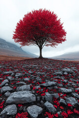 Poster - A resilient tree with red leaves, standing alone in a barren landscape, its roots deep and unyielding,