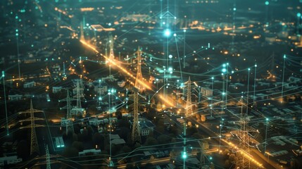 Poster - conceptual image of power engineering with digital grid systems and sustainable energy solutions, hi