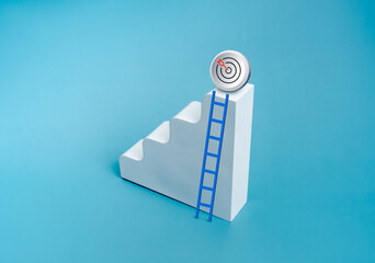 3d Target icon on top of modern white geometric stairway as bar graph chart steps with ladder isolated on blue background, minimal style, business growth shortcut, profit, solution plan concept.