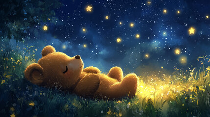 Wall Mural - lying down in the side The little sleepy bear is looking at the starry sky