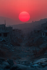 Poster - A red sun rising over a devastated landscape, symbolizing the resilience of renewal and the promise of a new day,