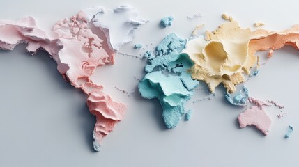 A vibrant world map showcasing continents in 3D relief, with different regions rendered in varied colors, offering a unique and artistic perspective of global topography.