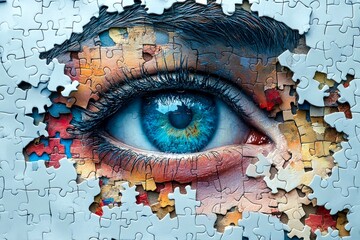 Eye of a blue-eyed girl made up of a puzzle,World Mental Health Day