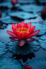 Poster - A red lotus blooming in the midst of a murky pond, symbolizing the resilience of purity and beauty in difficult conditions,