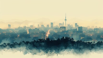 Poster - Minimalism illustration, silhouette of the Seoul cityscape with Namsan Tower and bustling streets, flat illustration on soft cream background, empty copy space, lofi style illustration