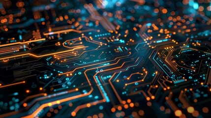 Poster - Image of a digital circuit board with glowing pathways, illustrating the intricacies of electronic engineering and microchip technology.