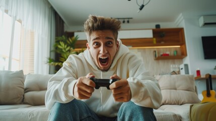 Poster - A person sitting on a couch with a video game controller, ideal for use in gaming or entertainment related projects