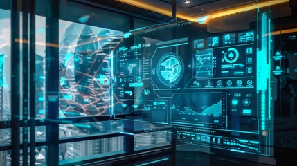 Poster - Image of a high-tech virtual clinic with digital interfaces and remote consultation capabilities, illustrating advancements in telehealth services.