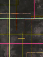 Canvas Print - Abstract grid pattern with yellow, orange, pink, blue, and green lines on a dark gray background.