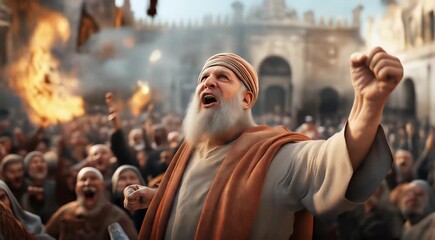 Canvas Print - An elderly Middle Eastern man wearing traditional clothing is passionately raising his fist amidst a crowd, with flames and smoke in the background.