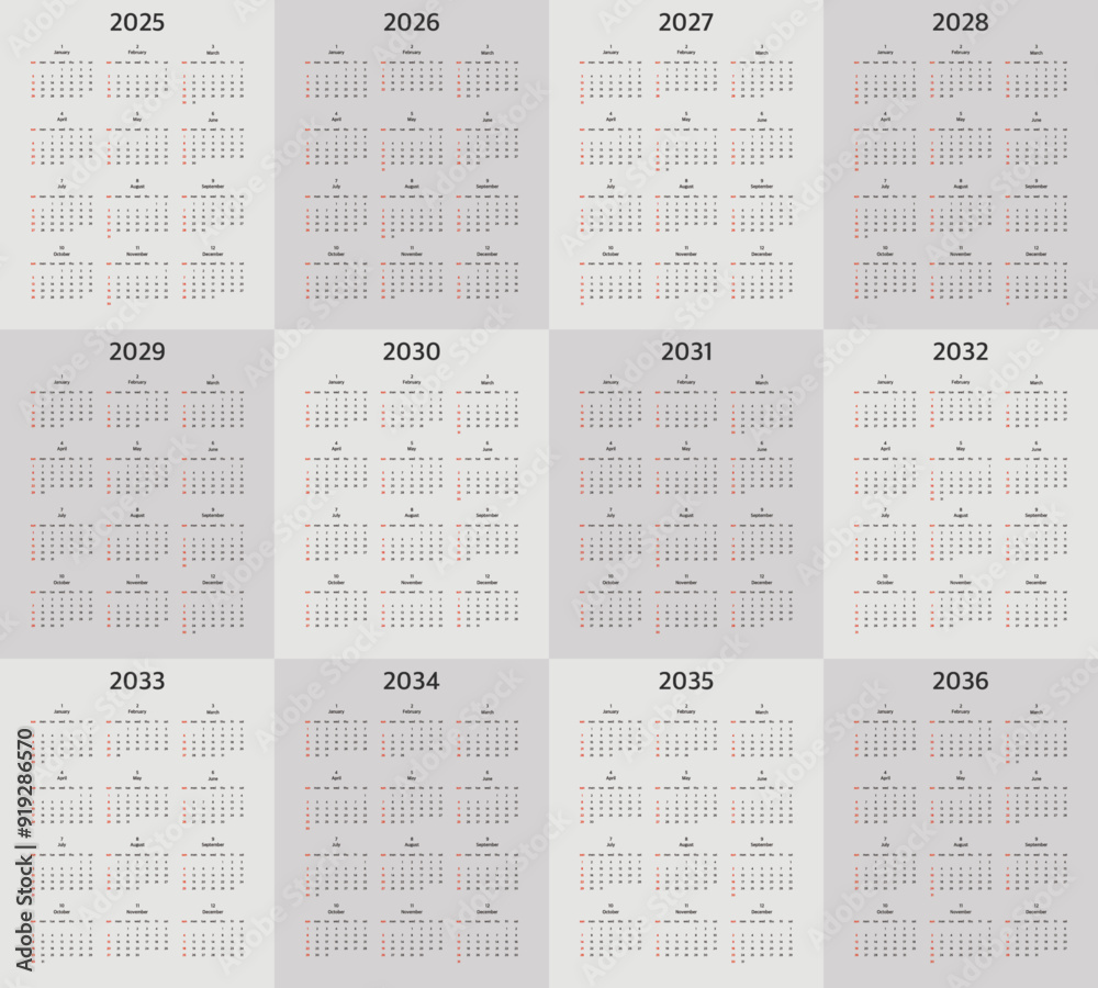 10 year calendar set vector Simple templates year 2025 2036 The 10 year calendar set vector Simple templates year 2025 2036 The