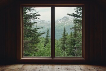 A window in a minimalist mountain retreat, with a view of a deep forest and distant peaks. 