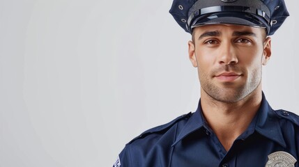 Young police officer in uniform, smiling confidently, against a light background