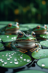 Poster - A magical gathering of frogs on lily pads in a hidden pond, their croaks creating an eerie, rhythmic chant,