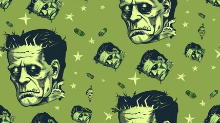 A spooky pattern of green Frankenstein's monsters on a lime green background.