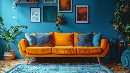 Modern living room interior design with bright yellow sofa and teal walls