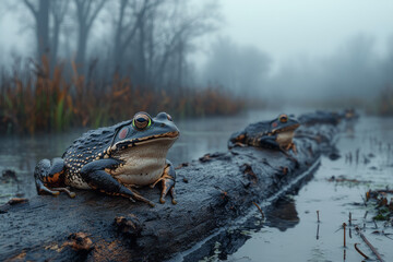 Poster - A foggy night in the wetlands where frogs gather on floating logs, their croaks weaving together into an otherworldly song,