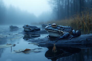 Poster - A foggy night in the wetlands where frogs gather on floating logs, their croaks weaving together into an otherworldly song,