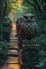 Poster - A mystical forest where stone statues of animal guardians, the Forest Sentinels, keep watch over the paths,