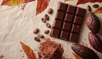 chocolate bars, cocoa beans and powder. top view copy space for text