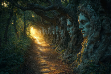 Poster - A mystical pathway through the forest, lined with the Forest Sentinels--trees with faces carved into their trunks,