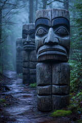 Poster - A misty forest trail where the Forest Sentinels, ancient totem poles, stand tall, their carved eyes ever watchful,