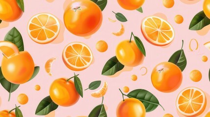 Seamless repetitive background pattern of fresh orange fruit with leaf