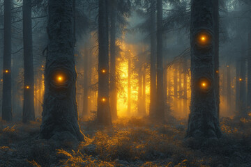 Poster - A twilight scene where the Forest Sentinels, tall trees with glowing eyes, keep watch over the sleeping woodland,
