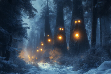 Poster - A twilight scene where the Forest Sentinels, tall trees with glowing eyes, keep watch over the sleeping woodland,