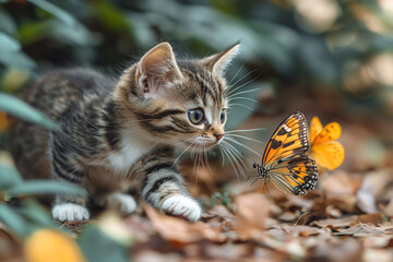 Wall Mural - A kitten playfully chasing after a butterfly, its wide eyes filled with innocent wonder,