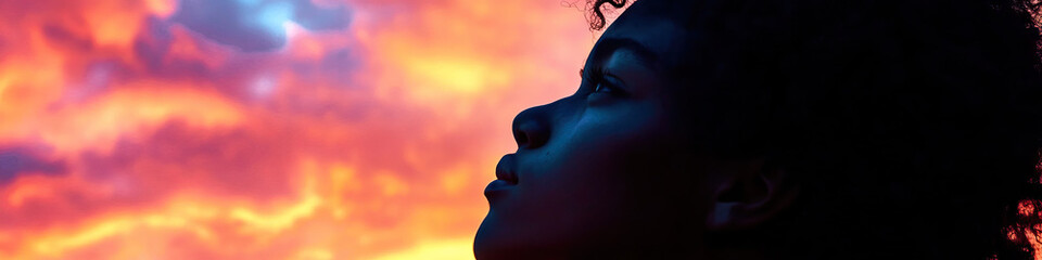 A young person gazing upwards, a sunrise visible beyond them.