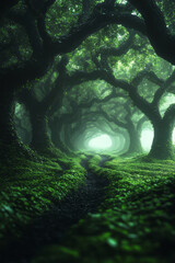 Poster - A secret grove where the Forest Sentinels, ancient tree spirits, manifest as glowing, ethereal figures among the trees,