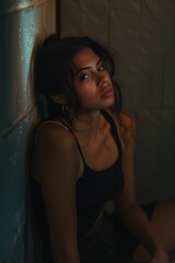 Poster - A woman sits against a wall in a dimly lit room, looking contemplative