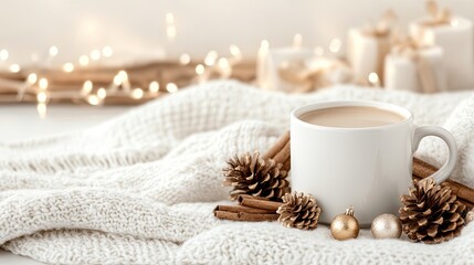 A plain white mug rests next to pine cones, decorations, and lights, creating a warm holiday atmosphere on burlap fabric