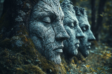Aufkleber - A dark forest where the Forest Sentinels, ancient oak trees, have faces carved into their trunks, silently observing,